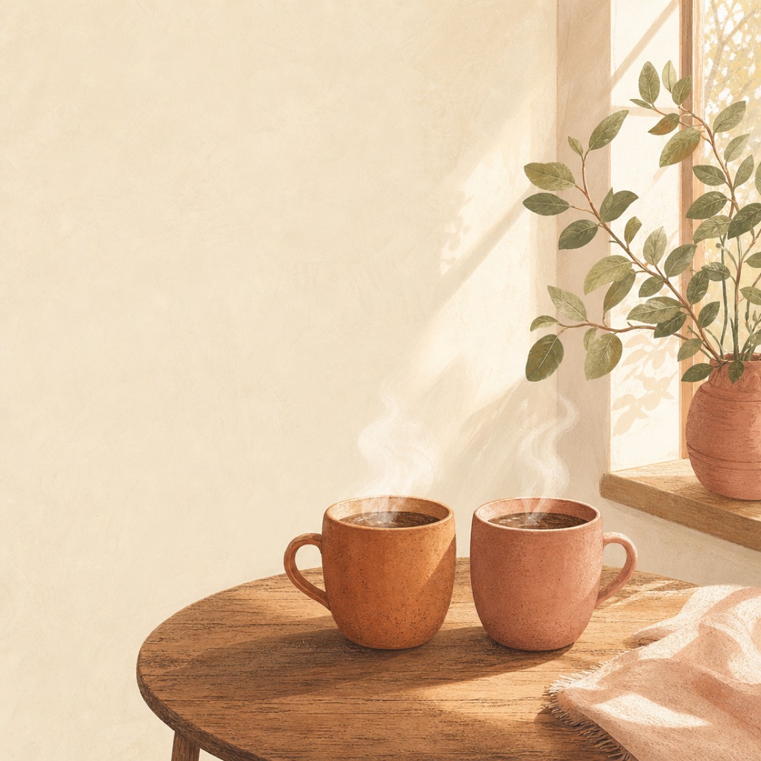 Two warm cups of coffee steaming on a wooden table by a sunny window with a small potted plant.