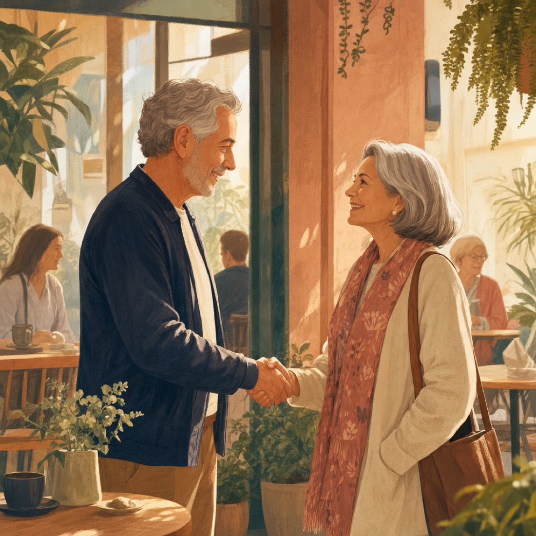 A warmly smiling couple in their late fifties greeting each other at a bright, busy café in daylight.