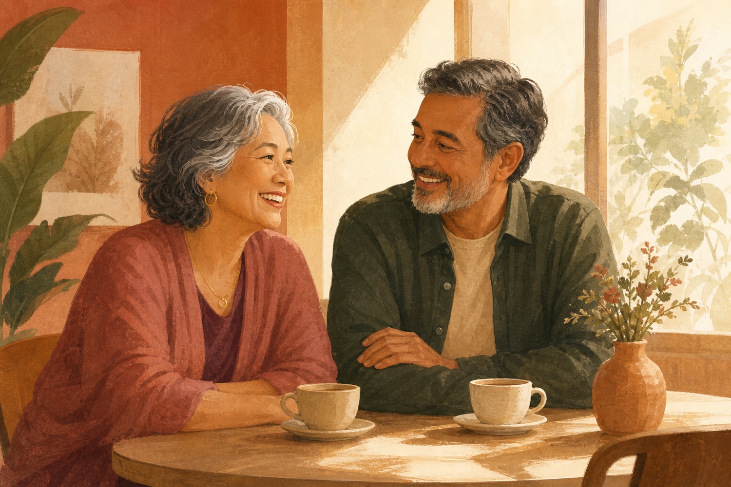 A smiling couple in their late fifties sharing coffee and easy conversation at a sunlit café table.