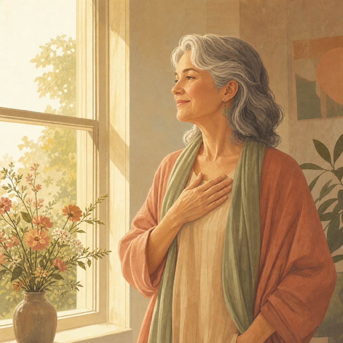 A serene woman in her late fifties standing by a sunlit window with a hand resting over her heart, looking calm and hopeful.