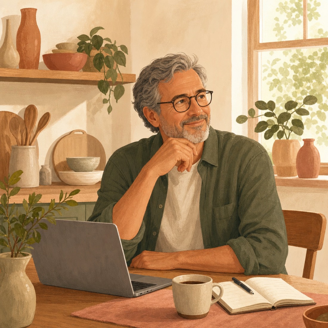 A thoughtful man in his late fifties pausing to think while writing at a kitchen table with an open laptop, notebook and coffee.
