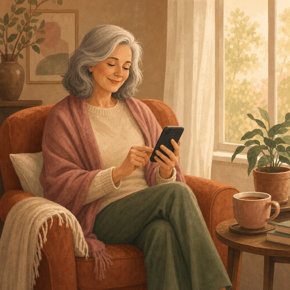 A relaxed woman with grey hair smiling gently at her phone in a cosy armchair by a window, a cup of tea nearby.