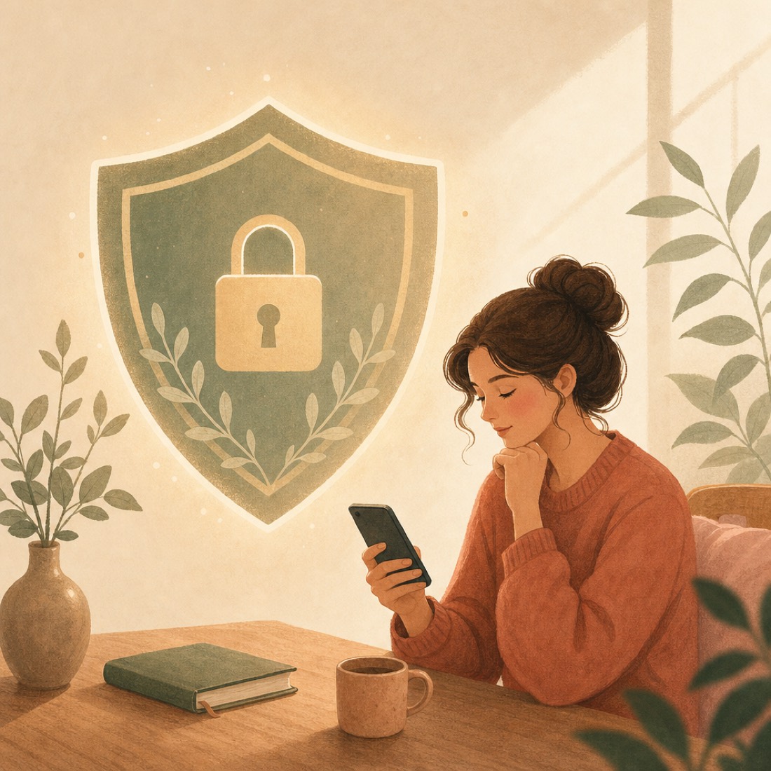 A calm protective illustration: a softly glowing shield with a padlock beside a person thoughtfully holding a phone at a desk.