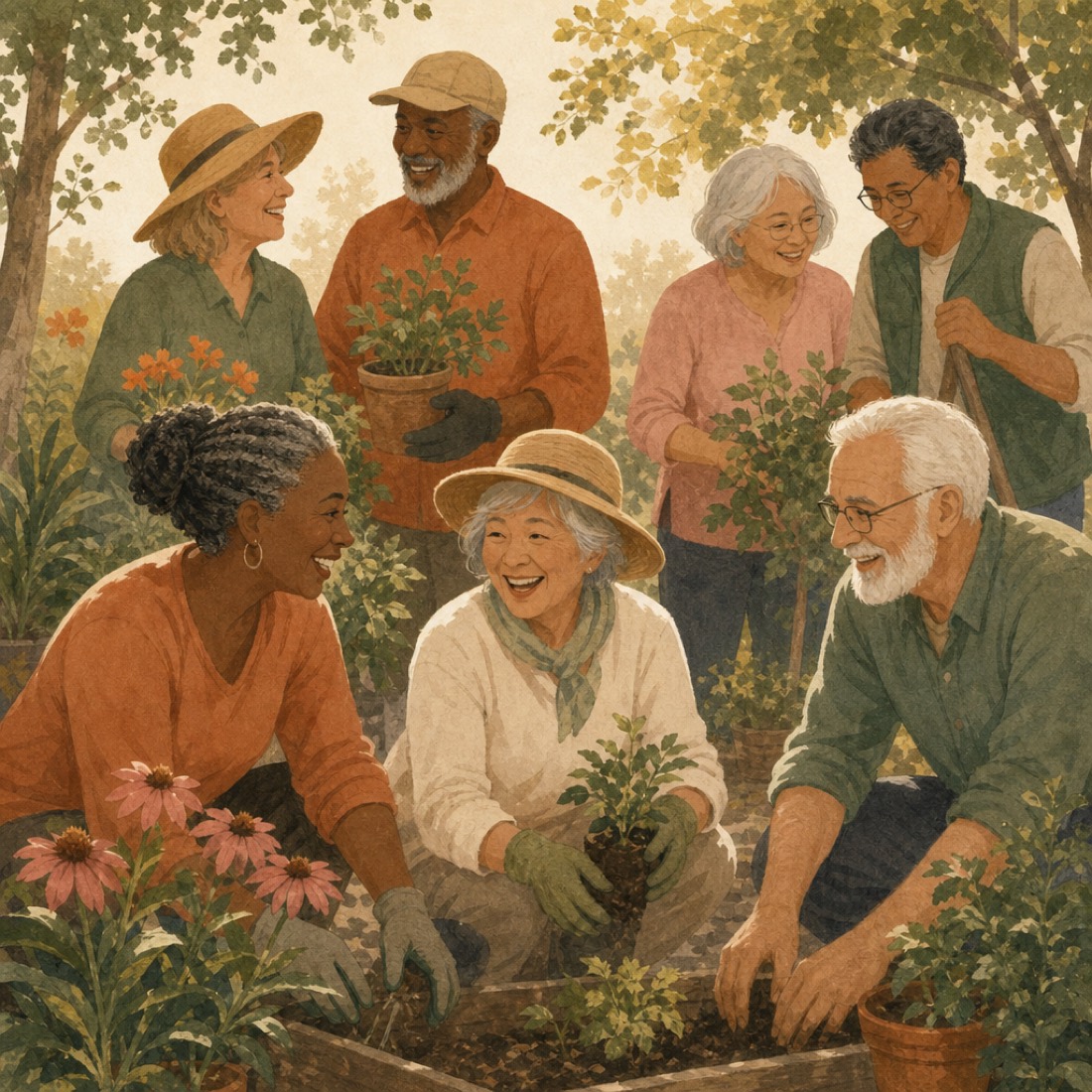 A diverse group of cheerful people in their fifties and sixties laughing together while gardening at an outdoor community plot.